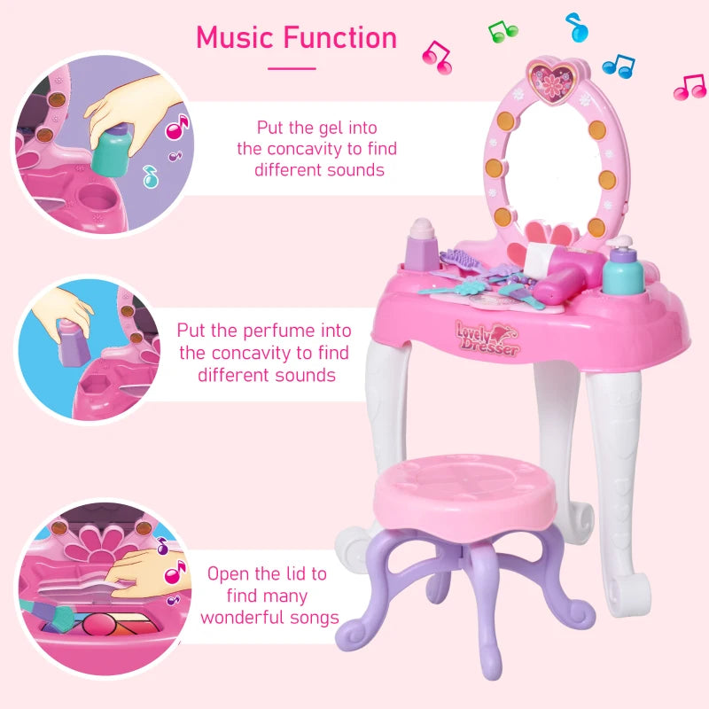 Qaba Children Dressing Table Set Girls, Pretend Princess Vanity Table with Music Lightening - Pink