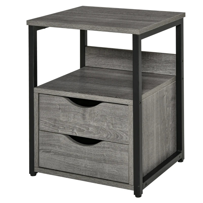 HOMCOM Industrial End Table with 2 Drawers and Open Shelf, Side Table for Living Room, Gray