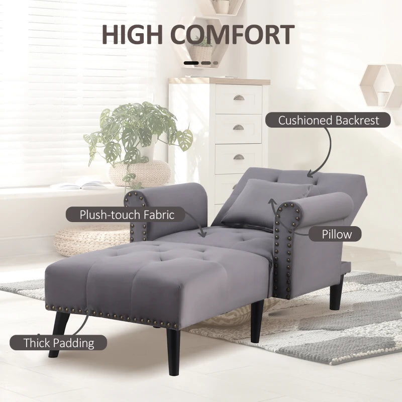 HOMCOM 2-In-1 Chaise Lounge Indoor with Rolled Armrest, Nailhead Trim and Button Tufting, Adjustable Velvet Fabric Upholstered Sofa for Bedroom and Living Room, Grey