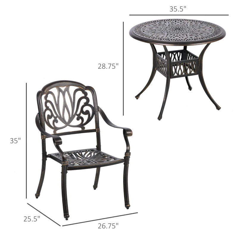 Outsunny Outdoor Furniture Cast Aluminum Dining Set for 4, Round Patio Table and Chairs with 2" Umbrella Hole, Stackable Design, Adjustable Feet for Balcony, Backyard, Deck, Garden, Bronze