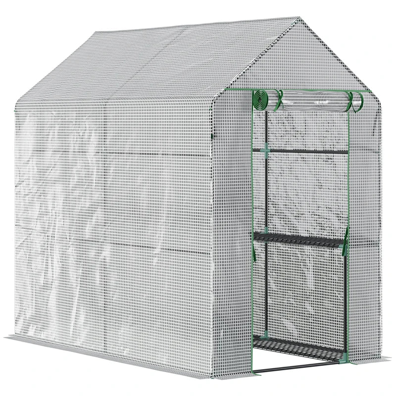 Outsunny 47.25" x 73.25" x 74.25" Walk-in Greenhouse, Outdoor Portable Plant Growing Hot House with Roll-up Door & 4 Shelves for Flowers, Herbs & Vegetables, White