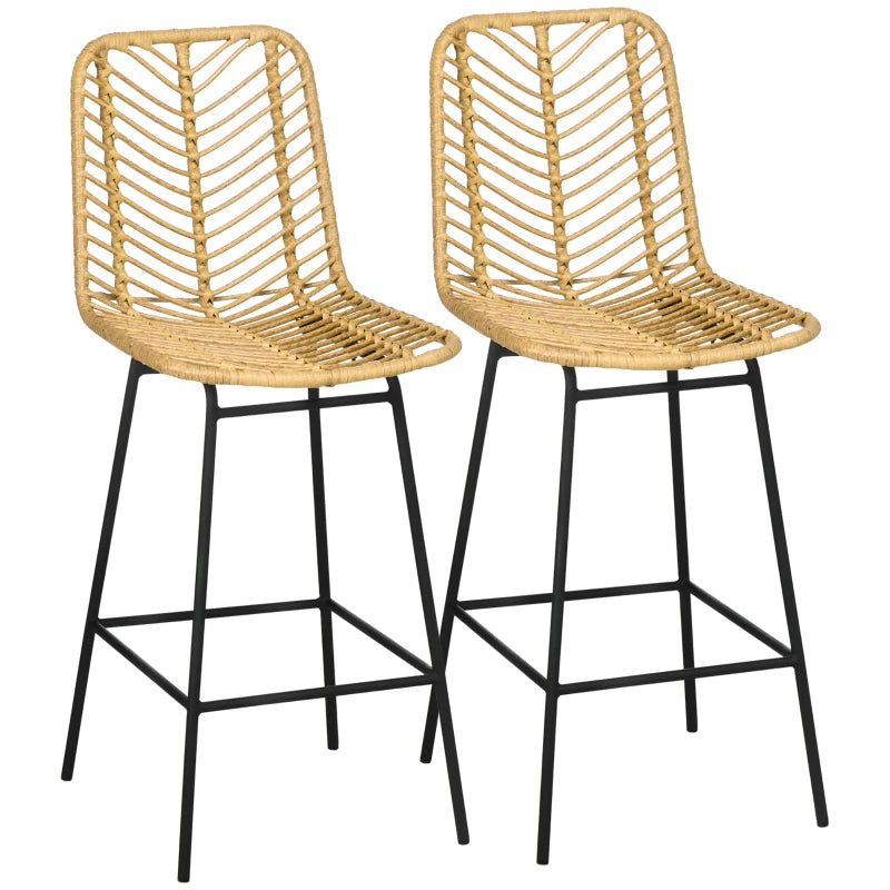 HOMCOM Set of 2 Rattan Barstools Wicker Counter Stools with Steel Legs and Footrest for Dining Room Kitchen Pub Yellow