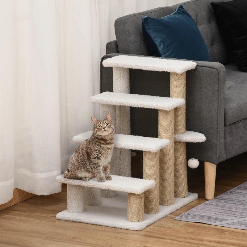 PawHut 4 Level Cat Steps Stairs Carpeted Ladder for Sofa, w/ Scratching Posts Ball Toy