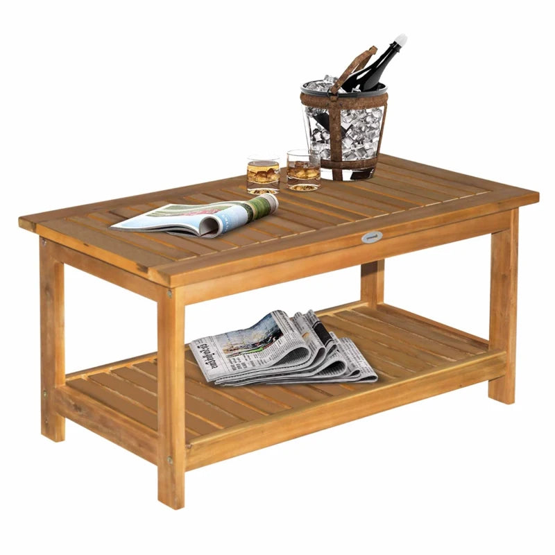 Outsunny Outdoor Wood Coffee Table with 2-Tier Shelf Storage for Patio Teak Tone