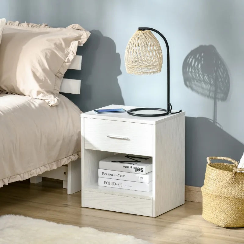 HOMCOM Modern Side Table with Drawer and Storage Shelf, End Table for Living Room or Bedroom, White Wood Grain