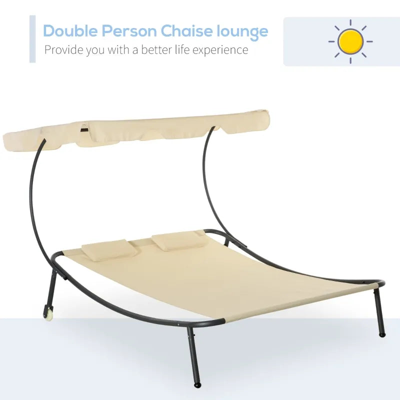 Outsunny Patio Double Chaise Lounge Chair, Outdoor Wheeled Hammock Daybed with Adjustable Canopy and Pillow for Sun Room, Garden, or Poolside, Grey