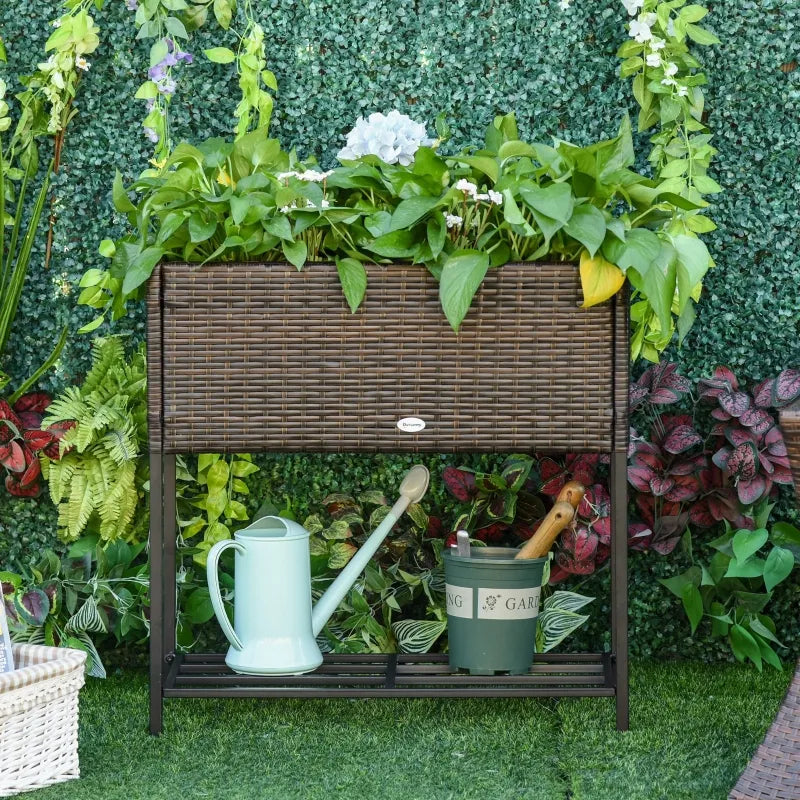 Outsunny PE Rattan Wicker Raised Flower & Vegetable Planter, Rack Shelf Box