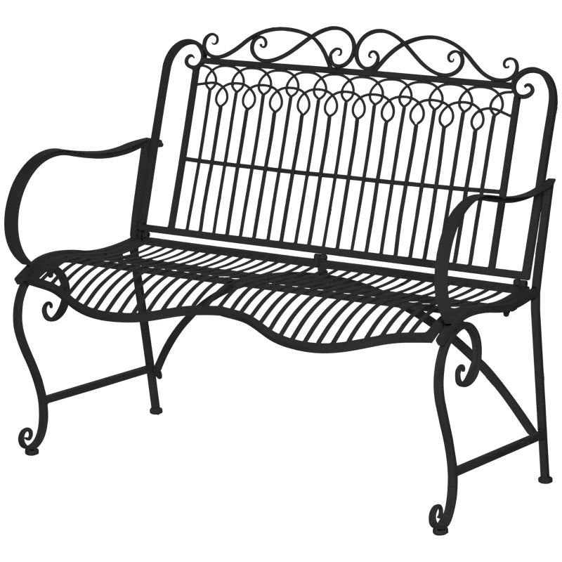 Outsunny Metal Park Bench for Front Porch, Loveseat Like 2 Person, Armrests, Steel Frame, European Antique Style Outdoor Furniture, Black