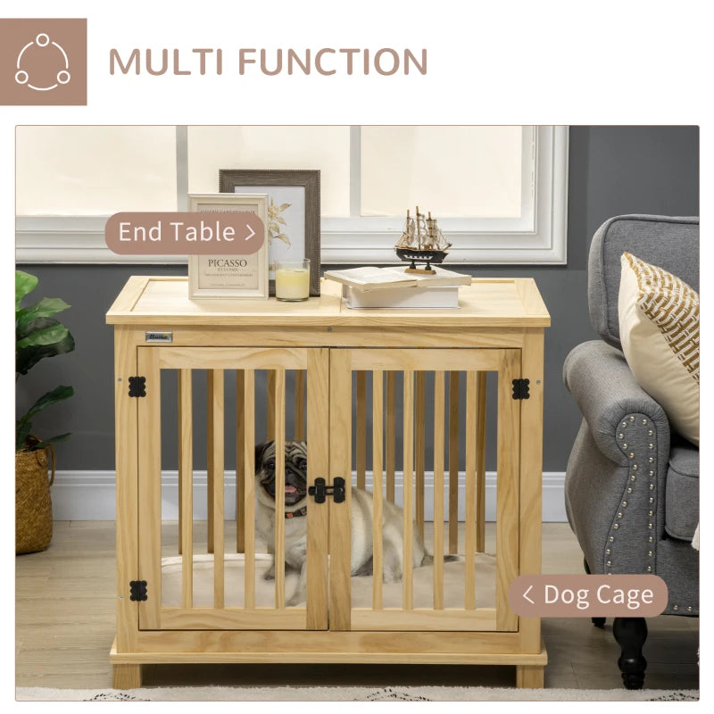 PawHut Wooden Dog Crate Furniture with Soft Cushion, Dog Crate End Table with Double Doors, Indoor Pet Crate for Small Medium Dogs