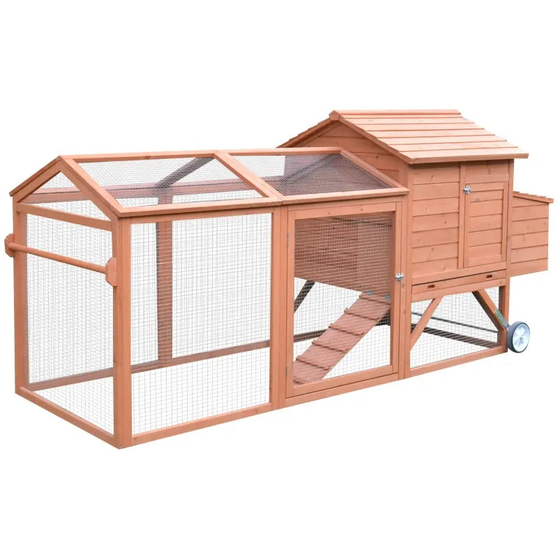 PawHut 96.5" Chicken Coop Large, Wooden Chicken House for 2-4 Chickens, Poultry Cage Hen Pen Portable Backyard with Wheels Outdoor Run, Nesting Box, Removable Tray, Gray