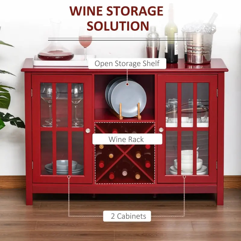 HOMCOM Sideboard, Glass Door Serving Buffet Cabinet, Liquor Cabinet with 12 Bottle Wine Rack, Red