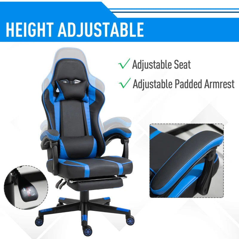 Vinsetto Office Gaming Chair Leather Covered Racing Style Reclining Back and Adjustable Height with Lumbar Support and Extensible Footrest - Blue