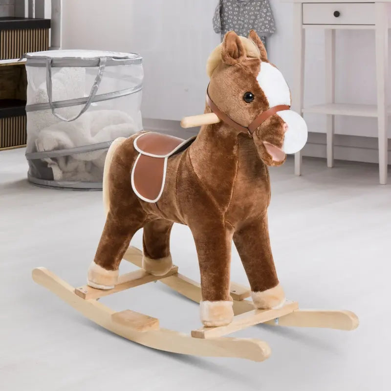 Qaba Kids Metal Plush Ride-On Rocking Horse Chair Toy with Realistic Sounds - Light Brown / White