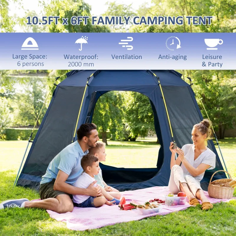 Outsunny 6 Person Camping Tent w/ Pop-up Design, 4 Windows, 2 Doors, Portable Carry Bag