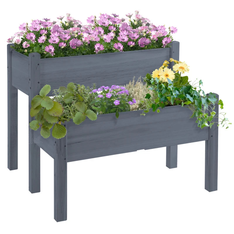 Outsunny 34"x34"x28" Raised Garden Bed 2-Tier Wooden Planter Box for Backyard, Patio to Grow Vegetables, Herbs and Flowers, Gray