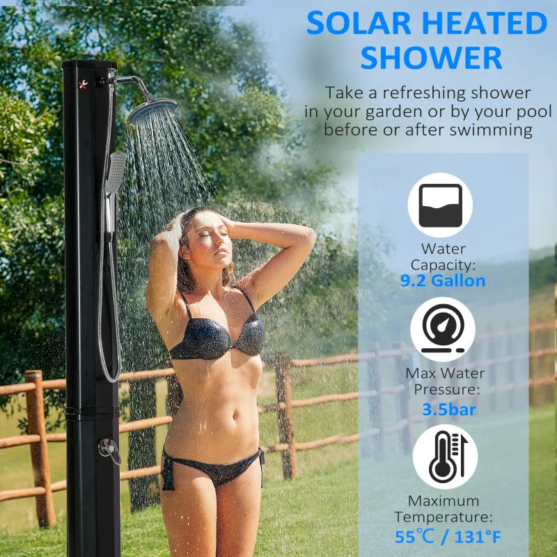 Outsunny 7ft Outdoor Solar Heated Shower with 360 Rotating Shower Head, Foot Shower Faucet, Temperature and Pressure Adjustable, Holds 9.2 Gallons for Backyard Pool