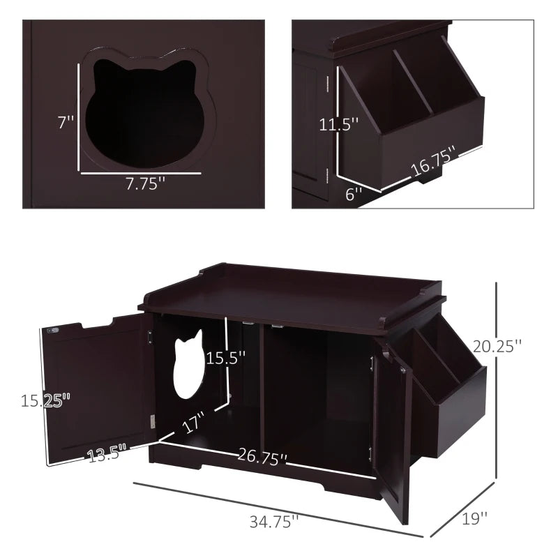 PawHut Wooden Cat Litter Box Enclosure Kitten House with Nightstand End Table and Storage Rack Magnetic Doors - Brown