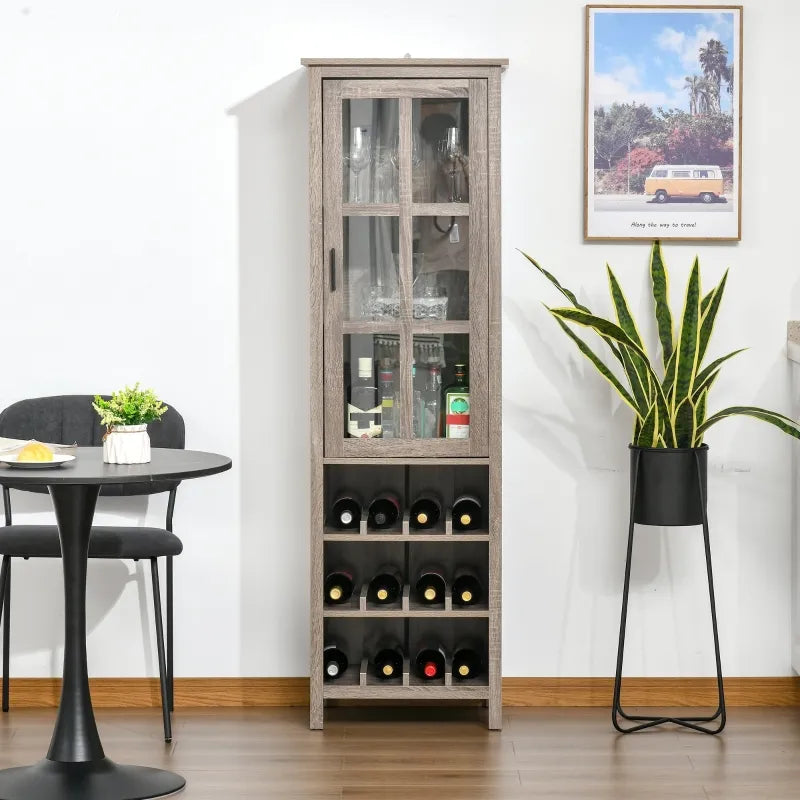 HOMCOM Tall Wine Cabinet, Bar Display Cupboard with 12-Bottle Wine Rack, Glass Door and 3 Storage Compartment for Living Room, Home Bar, Dining Room, Grey Oak