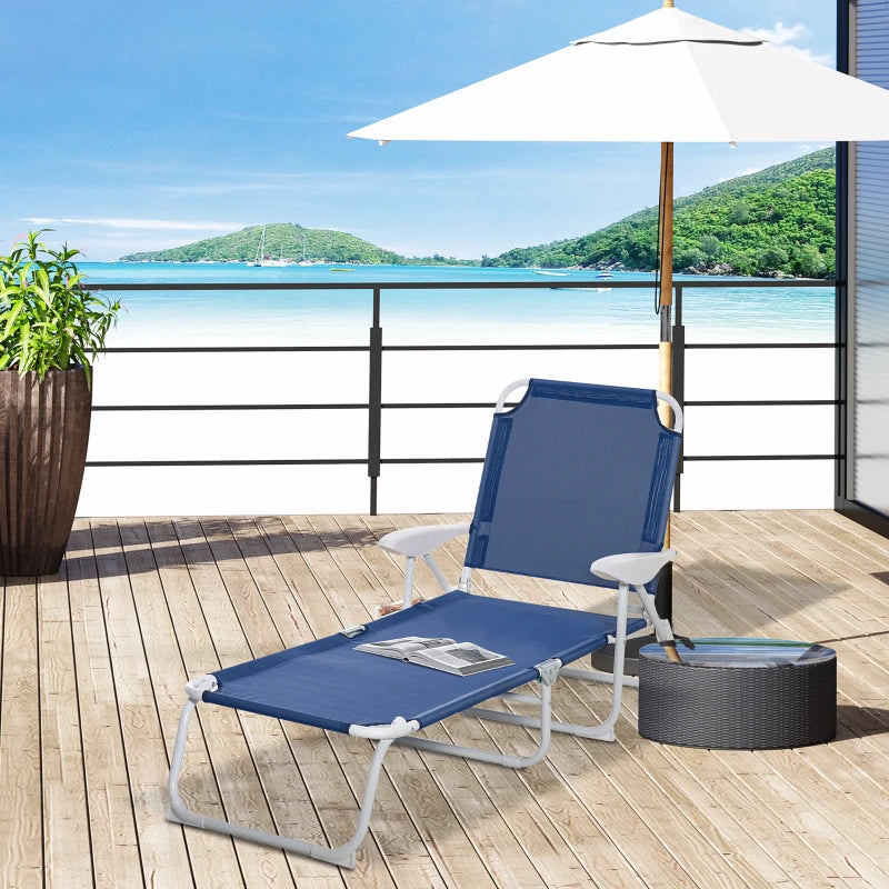 Outsunny Folding Chaise Lounge, Outdoor Sun Tanning Chair, 4-Position Reclining Back, Armrests, Iron Frame & Mesh Fabric for Beach, Yard, Patio, Blue