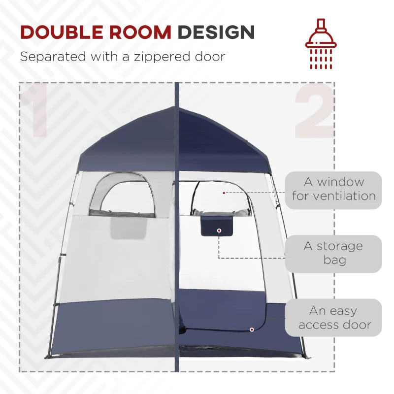 Outsunny Pop Up Shower Tent w/ Two Rooms, Shower Bag, Floor and Carrying Bag, Portable Privacy Shelter, Instant Changing Room for 2 Person, Black
