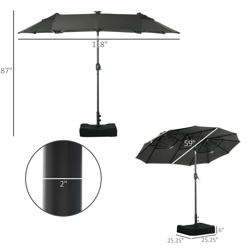 Outsunny 10ft Double-sided Patio Umbrella with Solar Lights and Sandbag Base, Outdoor Umbrella with Push Button Tilt, Crank, Air Vents for Garden, Backyard, Deck, Pool, Market, Gray