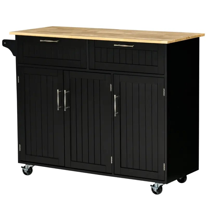 HOMCOM 48" Modern Kitchen Island Cart on Wheels with Storage Drawers, Rolling Utility Cart with Adjustable Shelves, Cabinets and Towel Rack, Black