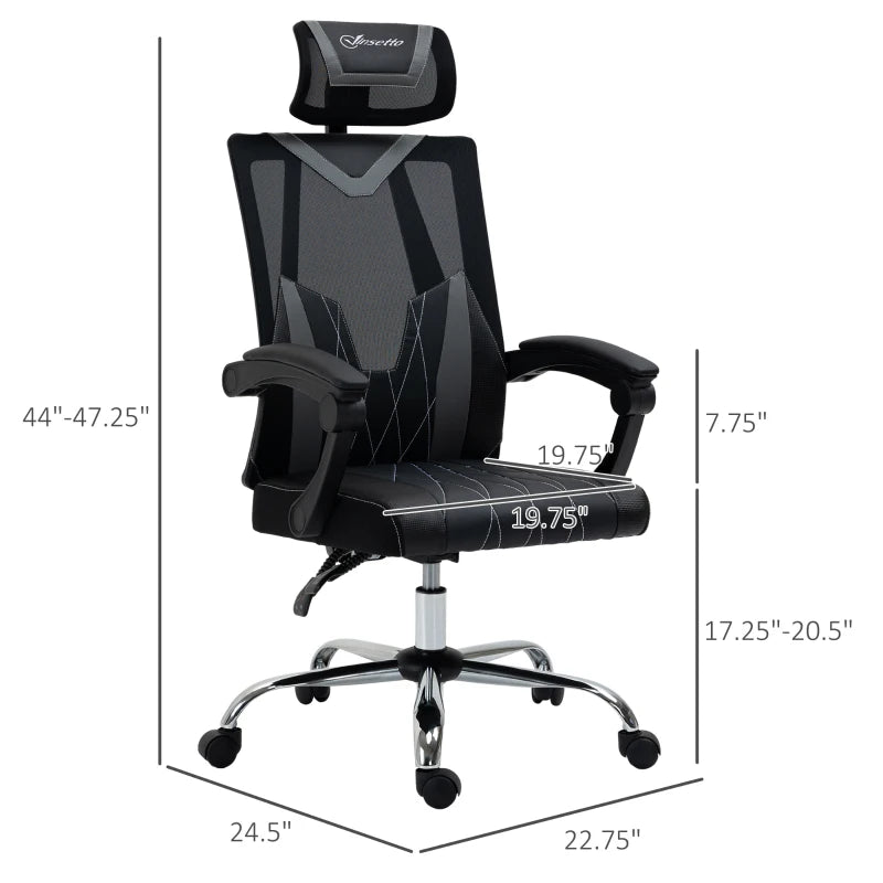 Vinsetto High Back Mesh Chair, Home Office Task Computer Chair with Adjustable Height, Lumbar Back Support, Headrest, and Arms, Black