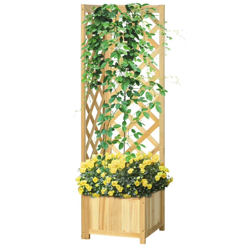 Outsunny Wooden Raised Garden Bed with Trellis and Drain Holes, 59" Outdoor Freestanding Planting Planter Box for Climbing Vine Plants Flowers
