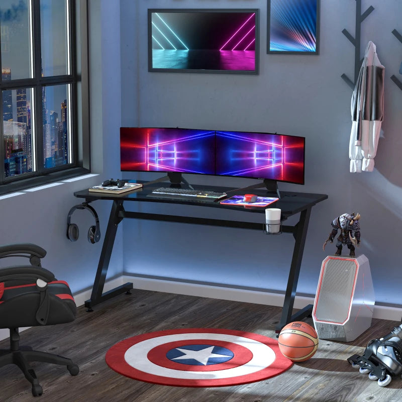 HOMCOM 47" Racing Style Gaming Desk, Z-Shaped Computer Table Workstation with LED Lights, Swivel Cup Holder, Headphone Hook and Cable Management Holes for Gamers Home Office, Black