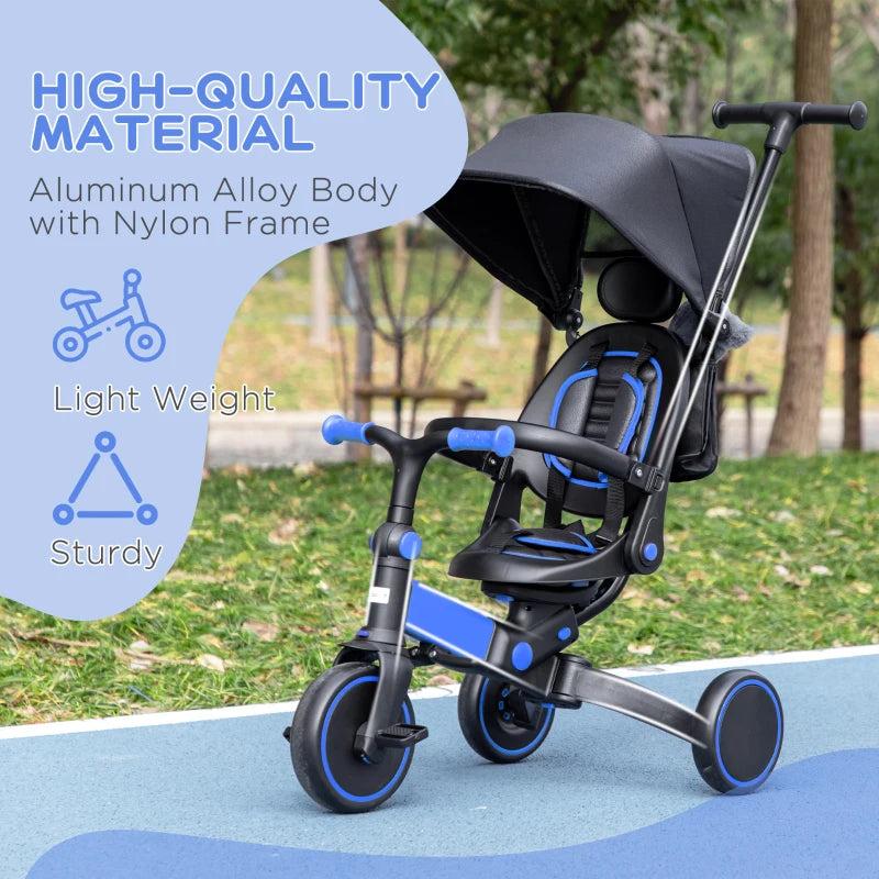 Qaba 3-in-1 Toddler Trike, Push Tricycle, & Balance Bike with Adjustable Settings, Toddler Push Bike, Baby Bike with Shady Canopy, Ages 1.5-4, Blue