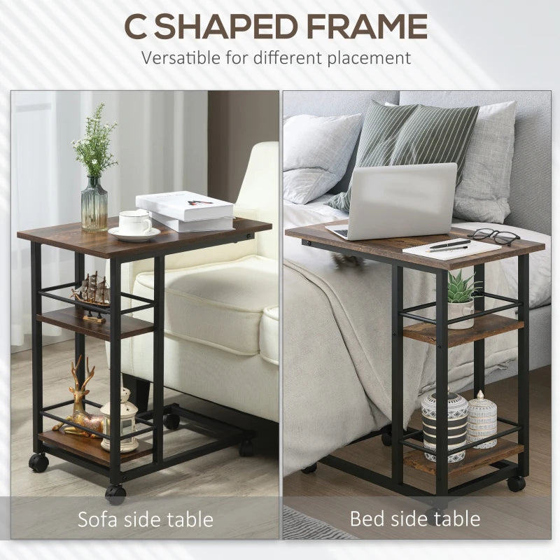 HOMCOM C Shaped End Table with Storage Shelves, Mobile Side Table with Wheels for Sofa Couch, Bed, Metal Frame, Rustic Brown