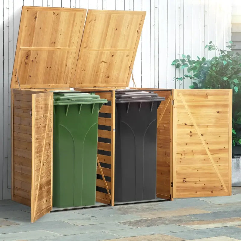 Outsunny 5' x 3' 2 Garbage Can Shed, Wood Storage Shed w/ Lockable Doors and Hinged Lids
