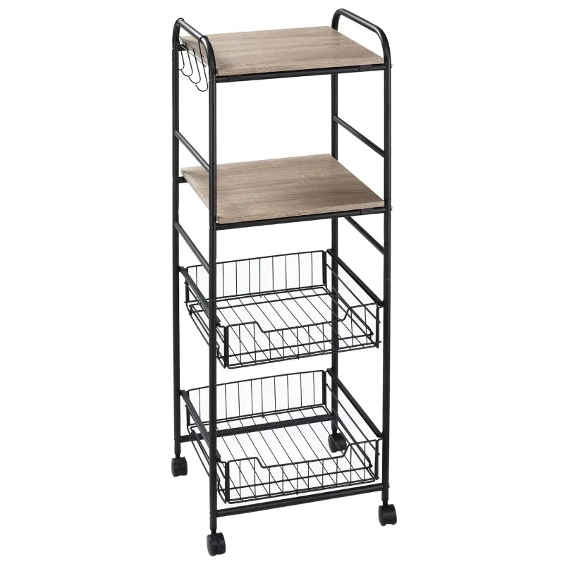 HOMCOM Kitchen Cart with Storage, 16"W Slim Rolling Cart, 4 Tier Kitchen Shelves on Wheels with Side Racks, 2 Basket for Fruit Vegetable, Utility Cart for Narrow Space, Laundry, Oak