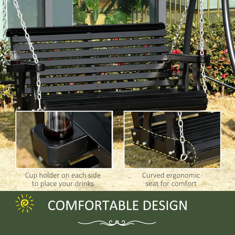 Outsunny Porch Swing with Stand and Cupholders, 2 Person Wooden Patio Swing Chair, 440 lbs. Weight Capacity, for Garden, Poolside, Backyard, Black