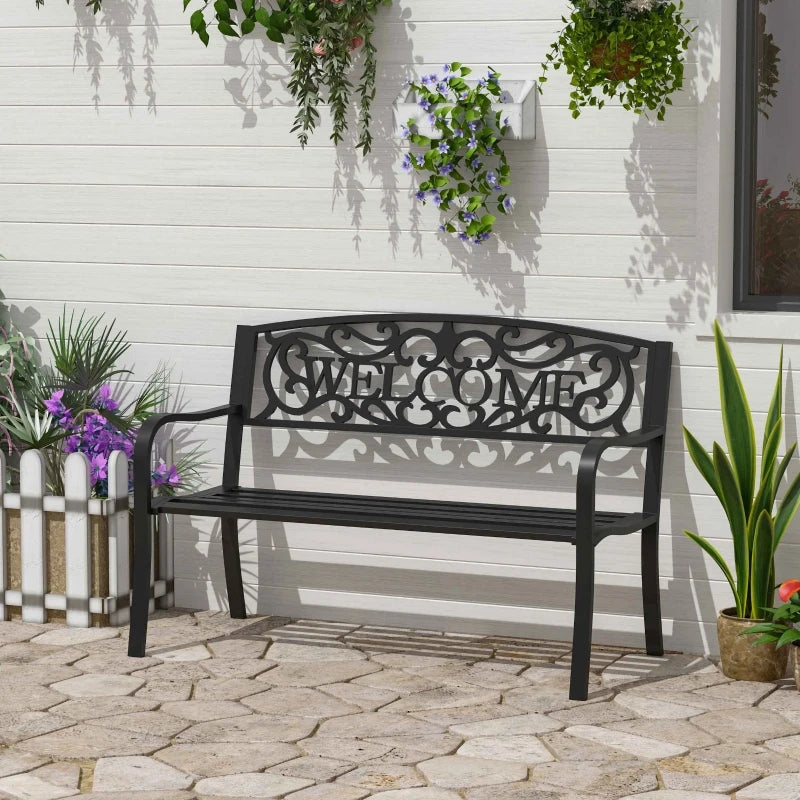 Outsunny Metal Garden Bench, Black Outdoor Bench for 2 People, Park-Style Patio Seating Decor with Armrests & Backrest, Black