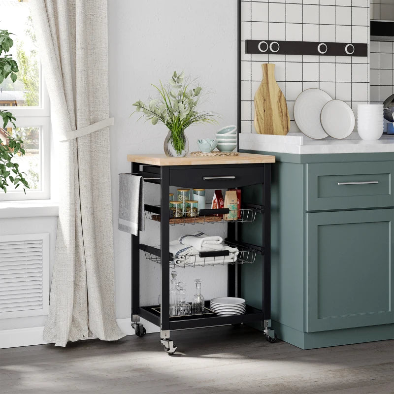 HOMCOM 3-Tier Kitchen Cart, Utility Cart with Solid Wood Top, Steel Basket, Rolling Kitchen Island with Drawer, Microwave Stand, Gray