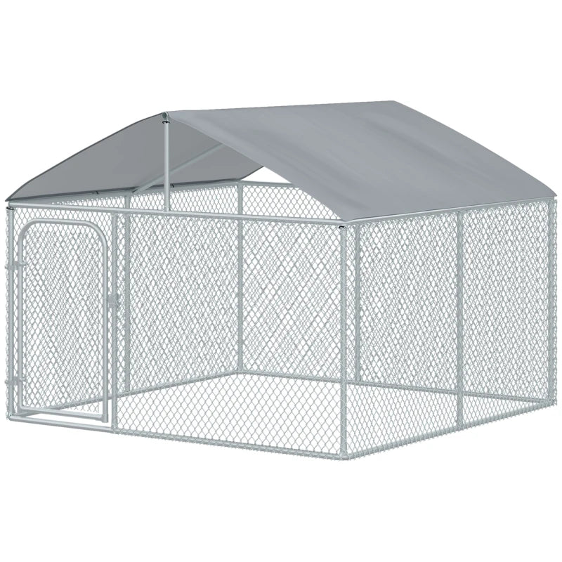 PawHut Dog Kennel Outdoor Heavy Duty Playpen with Galvanized Steel Secure Lock Mesh Sidewalls and Waterproof Cover for Backyard & Patio, 7.5' x 7.5' x 5.6'