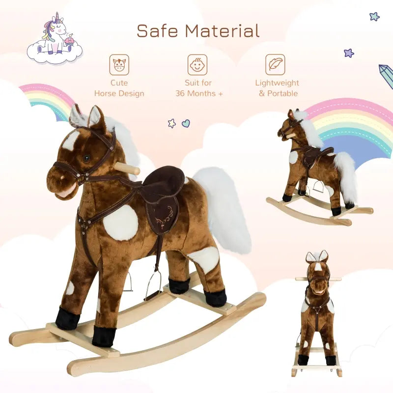 Qaba Kids Plush Toy Rocking Horse Ride-on Toys with Realistic Sounds and Moving Tail - Brown