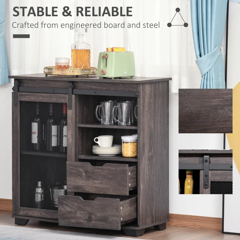 HOMCOM Industrial Sideboard Buffet Cabinet, Kitchen Cabinet, Coffee Bar Cabinet with 2 Drawers, 2 Open Shelves and Metal Mesh Sliding Door, Dark Brown