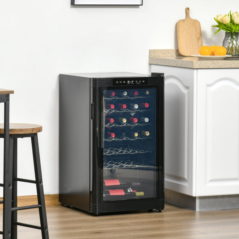 HOMCOM 18 Bottle Wine Cooler, Mini Beverage Fridge, Freestanding Wine Cellar with Digital Temperature Control, 3 Removable Shelves, Glass Door, Alarm Function and LED Lighting, Black