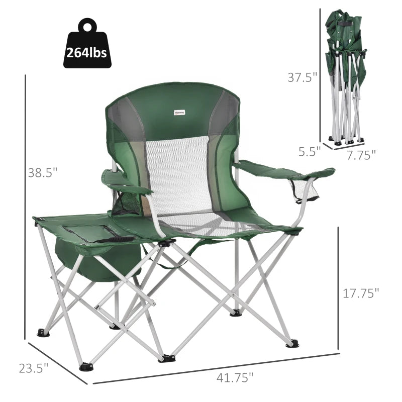 Outsunny Folding Camping Chair with Portable Insulation Table Bag, Two Cup Holders for Beach, Ice Fishing and Picnic, Green