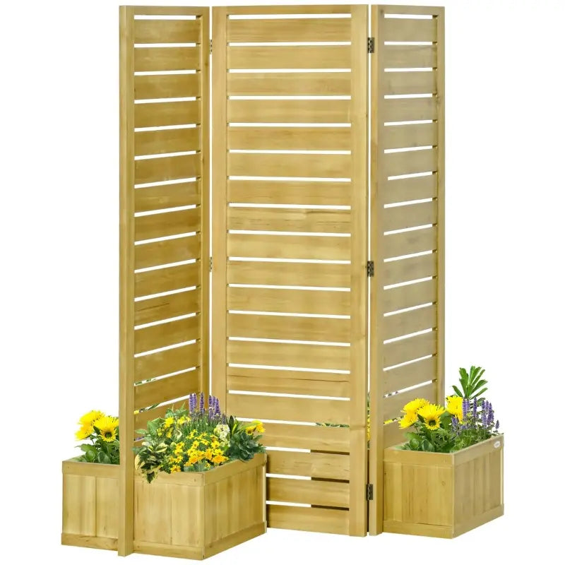 Outsunny Wood Privacy Screen w/ 4 Planter Box, Raised Bed w/ 3 Panels & Drainage Holes-1