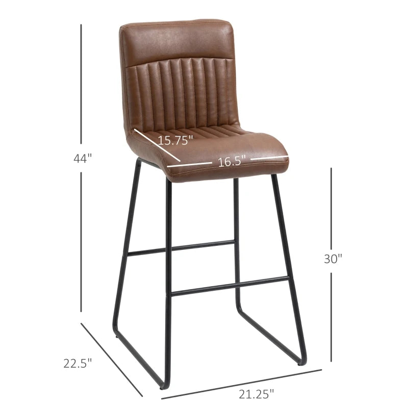 HOMCOM 30" Industrial Bar Stool, PU Leather Barstool with Footrest, Upholstered Armless Pub Height Chair, Brown/Black