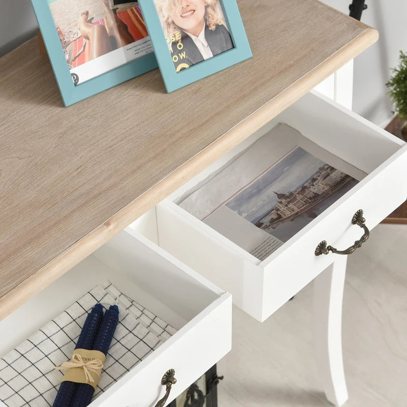 HOMCOM Entryway Console Table with 2 Convenient Storage Drawers, Tabletop for Display, & Vintage Design - White