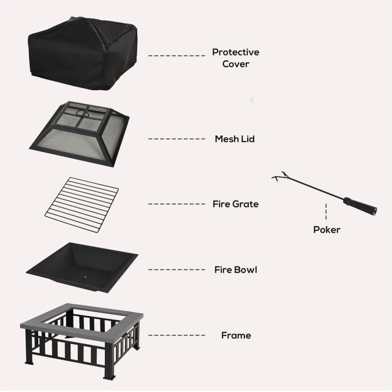 Outsunny 26" Outdoor Steel Square Fire Pit with Grill Net for BBQ, Safety Spark/Ember Cover & Classic Stylish Appearance