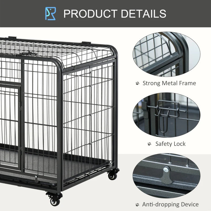 PawHut Folding Design Metal Dog Crate & Heavy Duty Kennel with Removable Tray 4 Locking Wheels 37" x 22.75" x 27.25"