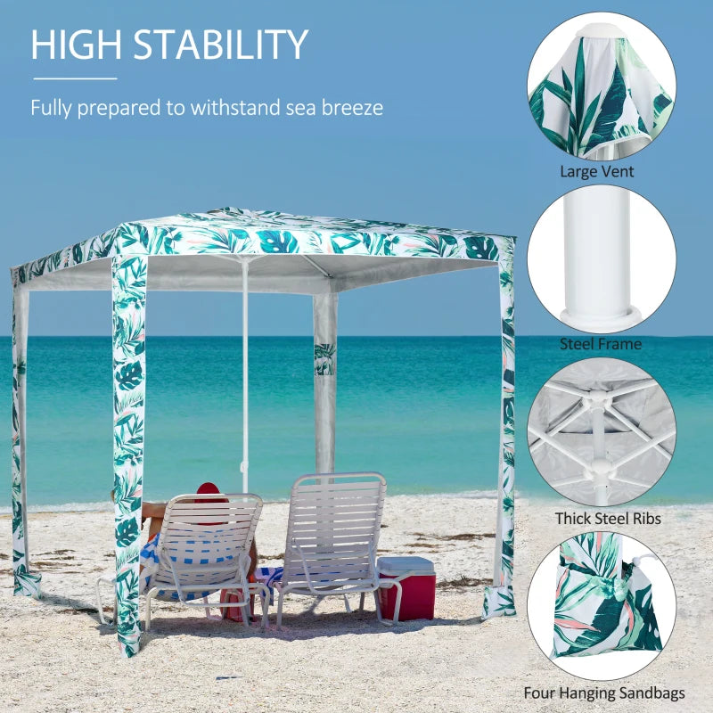 Outsunny Quick Beach Cabana Canopy Umbrella, 8' Easy-Assembly Sun-Shade Shelter with Sandbags and Carry Bag, Cool UV50+ Fits Kids & Family, Green Coconut Palm