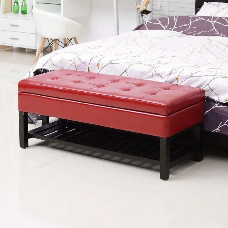 HOMCOM 44" Tufted Faux Leather Ottoman Storage Bench with Shoe Rack- Crimson Red