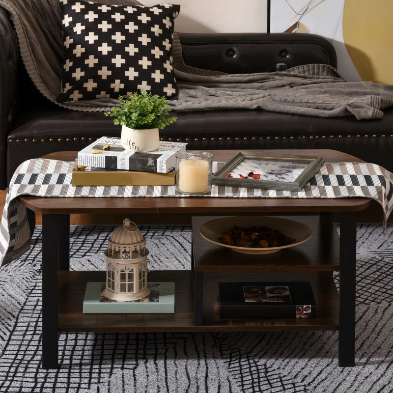 HOMCOM Vintage Industrial Coffee Table with Under-Top Storage Shelves and Rounded Corners, Dark Wood Color