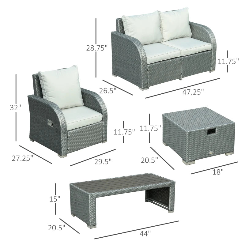 Outsunny 6-Piece Outdoor Rattan Patio Sectional Sofa Set with 3-Seat Couch, 2 Recliners, 2 Ottoman Footrests, & Coffee Table Conversation Set, Off-White